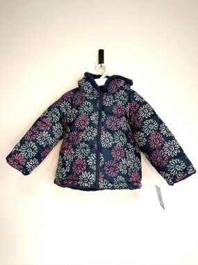 FALLS CREEK New $50 Youth Girls 4T Navy Pink Floral Reversible Fuzzy Hooded Coat